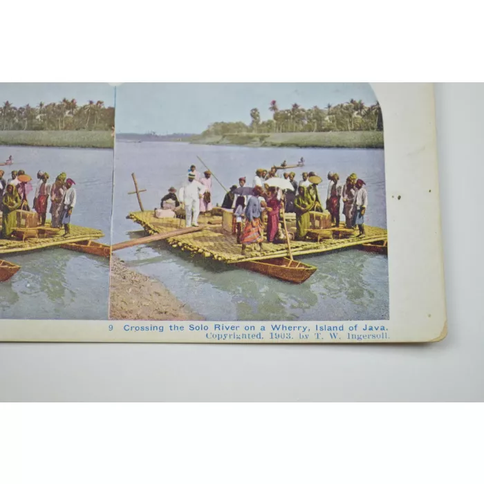 Stereoview By T. W. Ingersoll - No. 9 - Crossing The Solo River On A Wherry, Island Of Java - Antique 1903