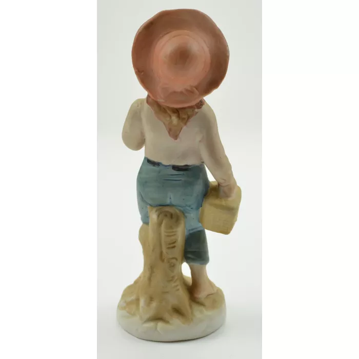 Barefoot Girl With Hat Carrying Basket Ceramic Figurine - 7" Tall
