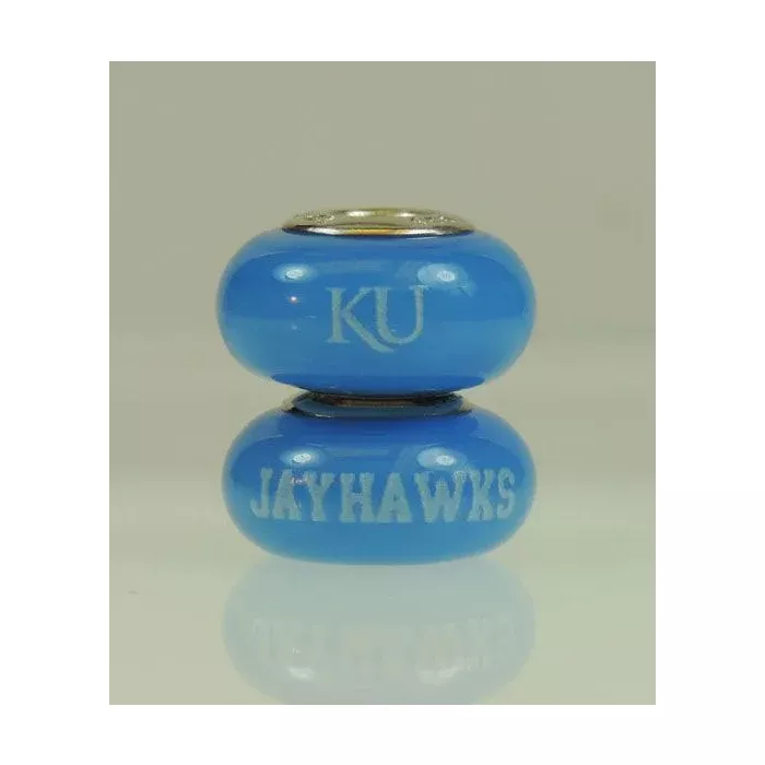 Fenton Blue Glass Collegiate Bead - Kansas Jayhawks - Sterling Silver Lined