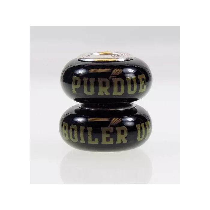 Fenton Black Glass Collegiate Bead - Purdue University - Sterling Silver Lined