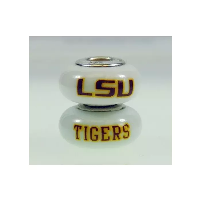 Fenton Milk Glass Collegiate Bead - Louisiana State LSU - Sterling Silver Lined