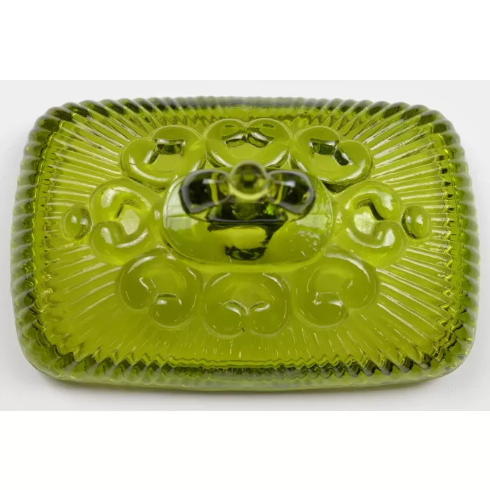 Indiana Glass - Lace Edge Olive Green - Footed Candy Box With Lid - 7.25" Long
