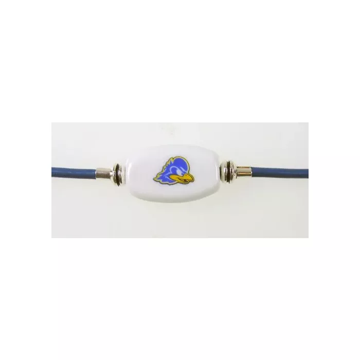 Fenton Collegiate Logo Leather Cord Bracelet- Delaware Blue Hen Milk Glass Bead