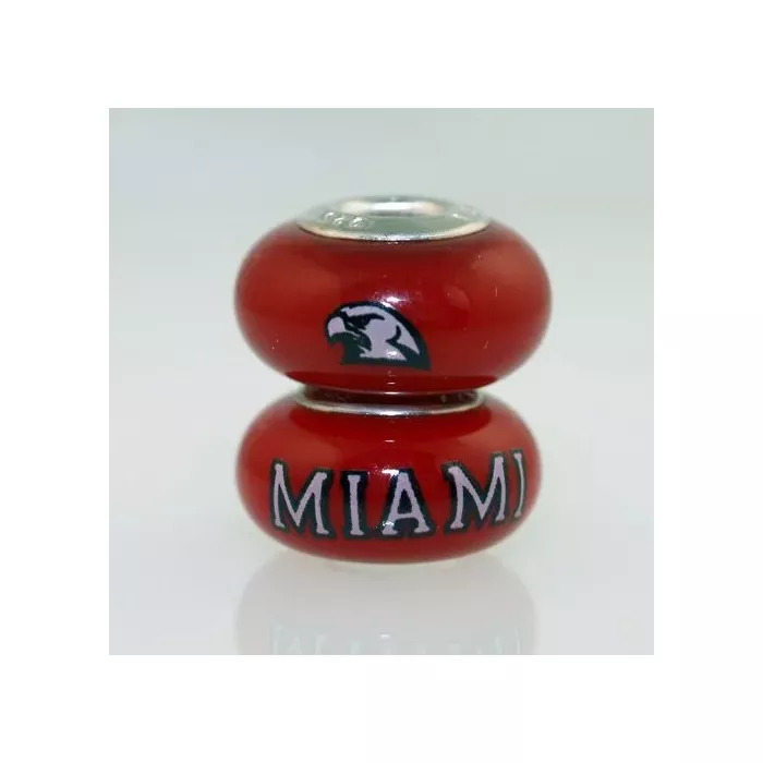 Fenton Red Glass Collegiate Bead - Miami of Ohio Redhawk - Sterling Silver Lined