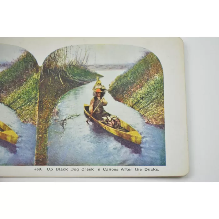 Antique Stereoview - No. 469 - Up Black Dog Creek In Canoes After The Ducks