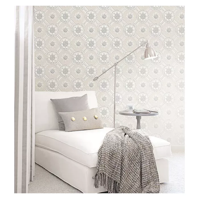 Medallion Wallpaper Beige, Metallic Silver Norwall Wallcovering CS35629