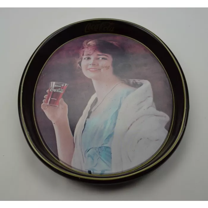 Coca Cola Metal Oval Advertising Tray - Woman Holding A Glass of Coke - Vintage Collectible