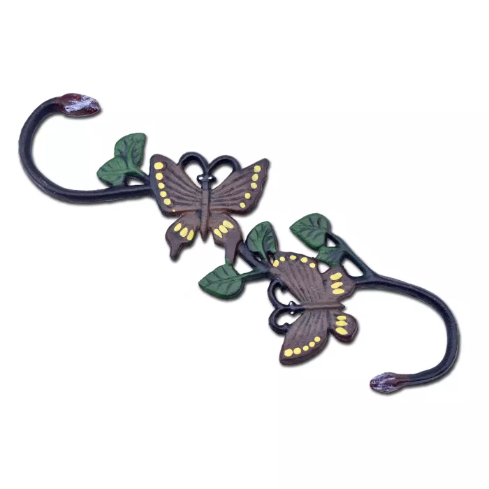 Cast Iron S Style Plant Hook - Brown & Yellow Butterflies - 11.75" Long