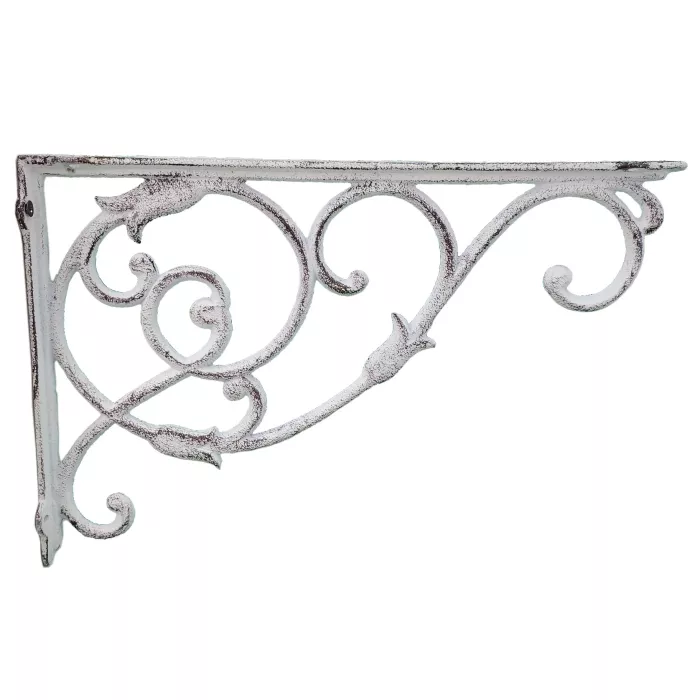 Cast Iron Wall Shelf Bracket - Ornate Vine - Distressed White - 13.5" Deep