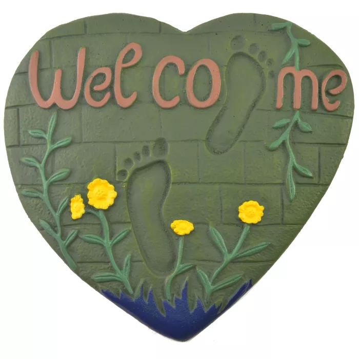 Heart & Foot Prints Welcome Plaque Stepping Stone - Green Cast Iron - 13.13"
