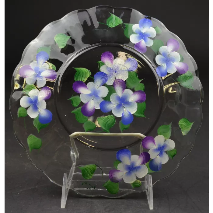 Clear Glass Salad Plate - Hand Painted Floral Pattern - 8.75" Wide