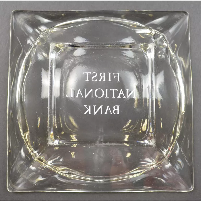 First National Bank Ashtray - Clear Square Glass - 4.75" Wide