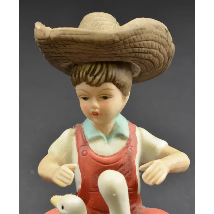 Boy In Straw Hat Playing With The Ducks Ceramic Figurine - 5" Tall