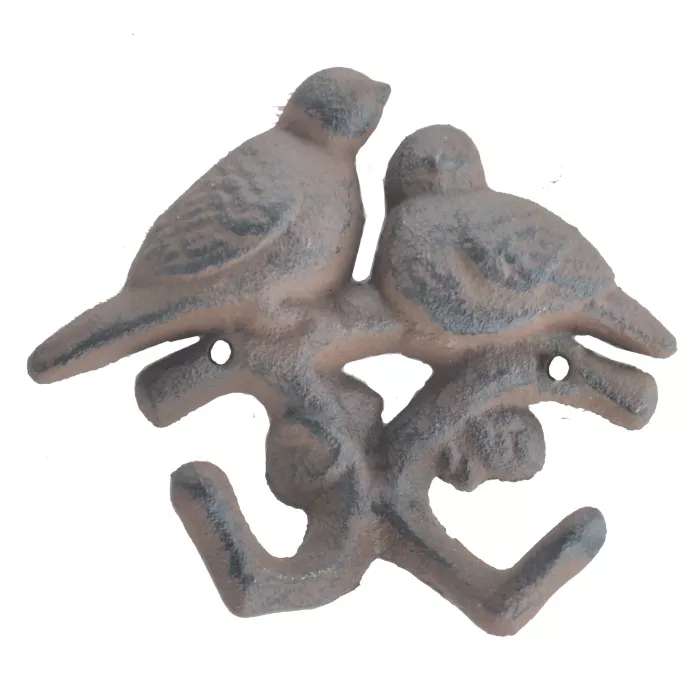 Love Birds On Branch Double Wall Hook - Rust Brown Cast Iron - 4.375" Tall