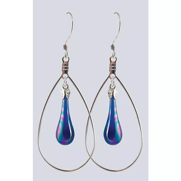 Fenton Art Glass - Hoop Style Teardrop Earrings - Cobalt Iridized