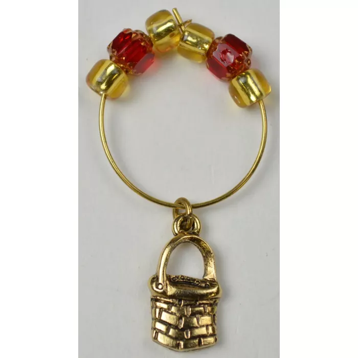 Gold Toned Single Handled Basket Charm With Gold & Red Beads