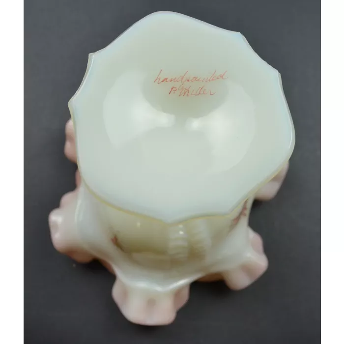 Fenton Art Glass Ruffle Top Pearl Colored Compote - Hand Painted Rose Pattern