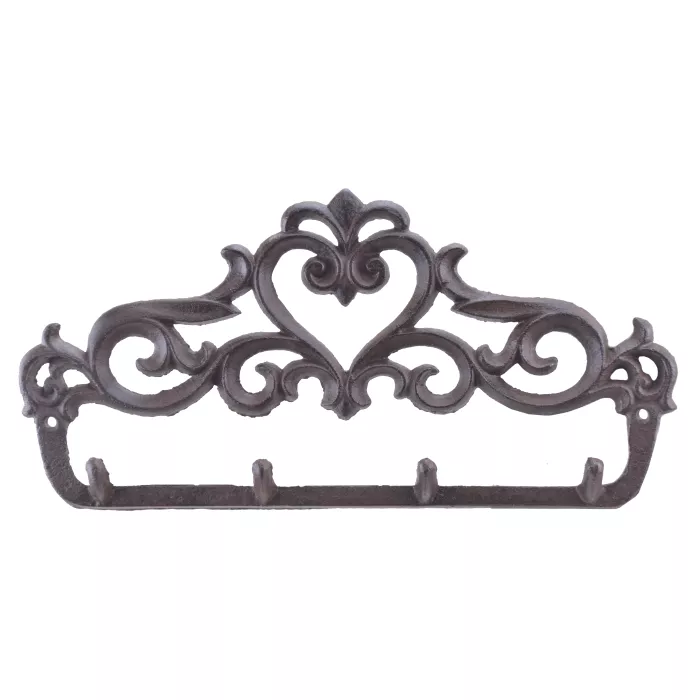 Cast Iron Wall Hook Rack - Ornate Victorian - 4 Hooks - 12" Wide