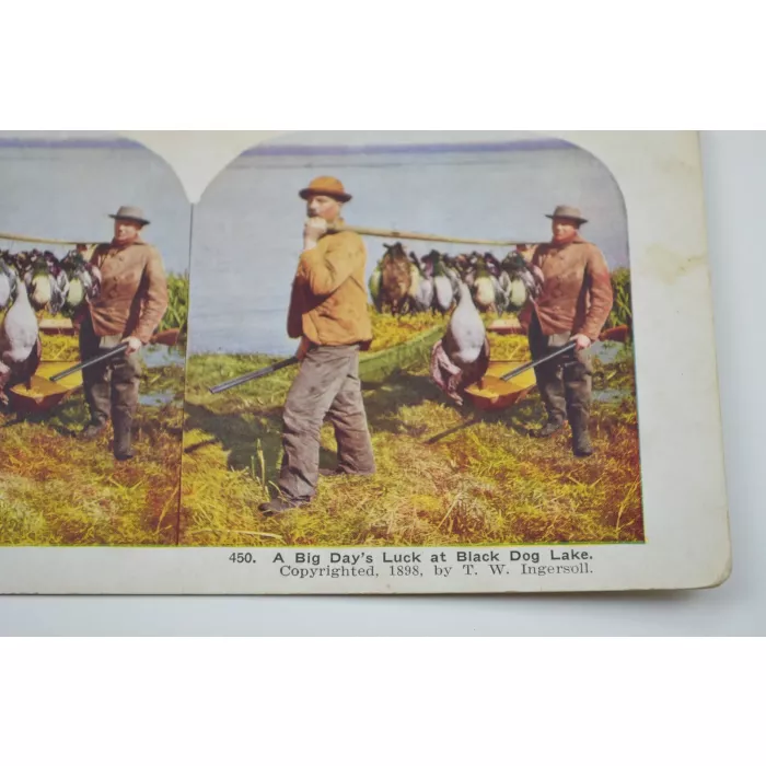 Stereoview By T. W. Ingersoll - No. 450 - A Big Day's Luck At Black Dog Lake - Antique 1898