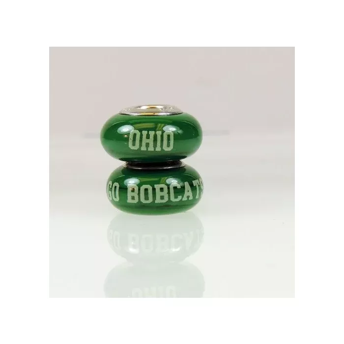 Fenton Green Glass Collegiate Bead - Ohio University - Sterling Silver Lined