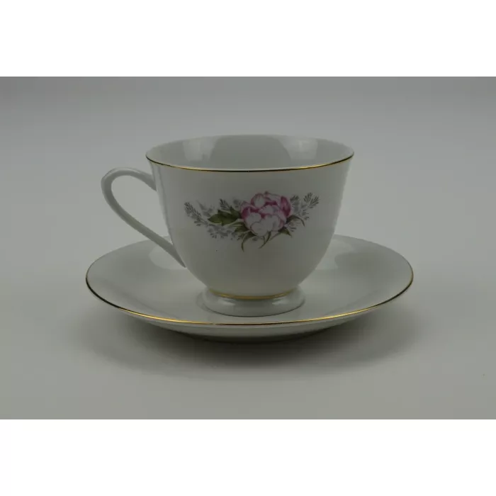 Floral Pattern Tea Cup & Saucer - Pink Flowers With Gold Trim