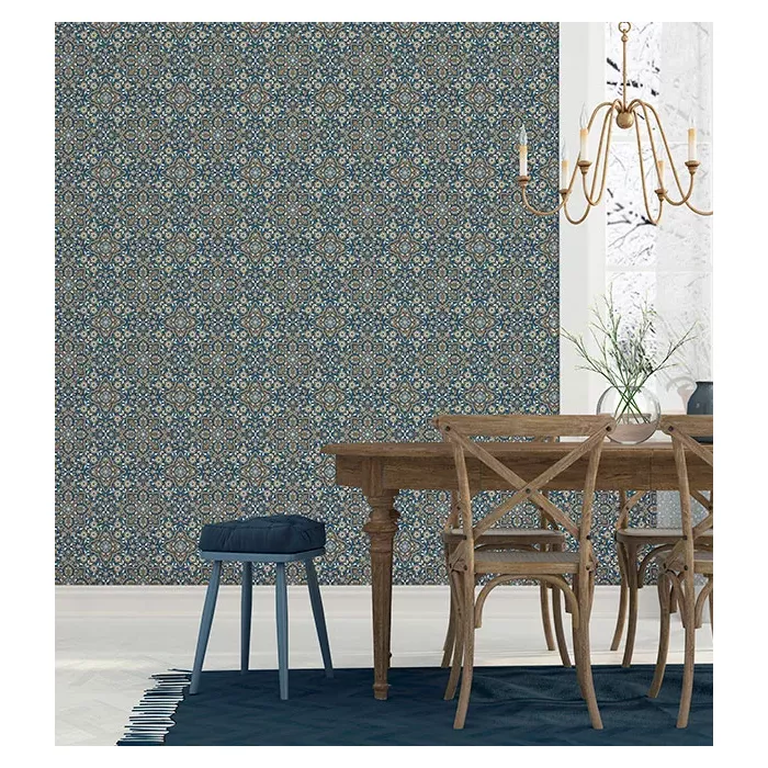 Floral Tile Wallpaper Blue, Metallic Gold, Navy Norwall Wallcovering FH37542