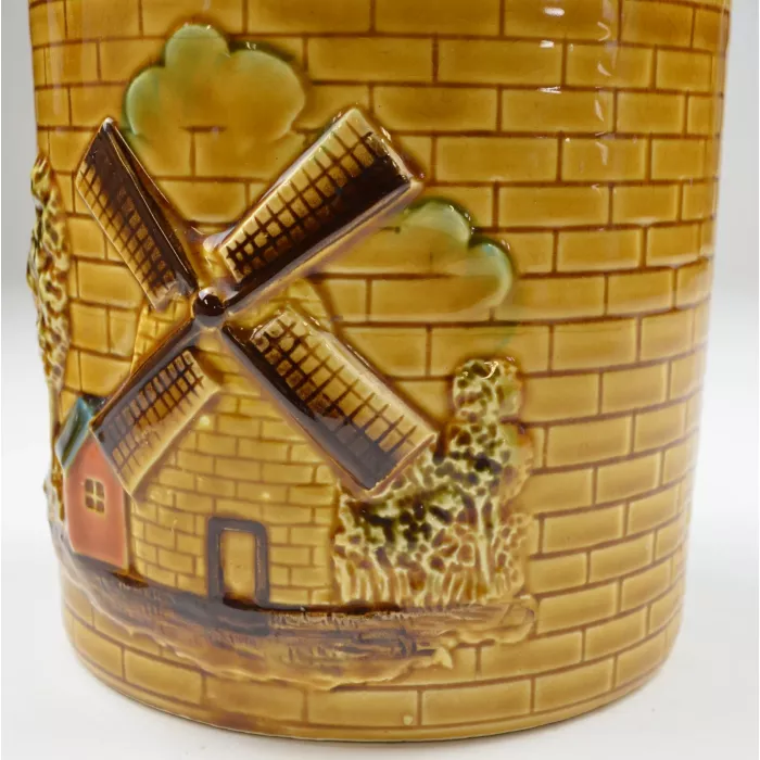 Yellow Ceramic Windmill Pattern Lidded Cookie Jar - 8.5" Tall