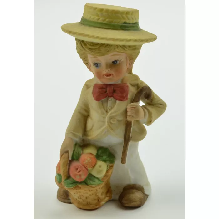 Little Boy Holding Fruit Basket And Cane Ceramic Figurine - 4.25" tall