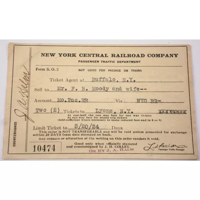 New York Central Railroad Company Ticket Order Slip - 1924 - Vintage Collectible