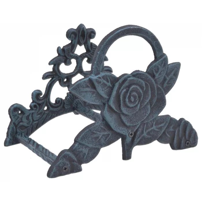 Garden Hose Holder - Rose Flower - Verdigris Cast Iron - 9.5" Wide