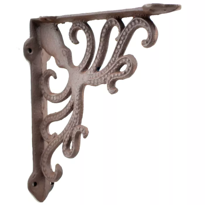 Nautical Shelf Bracket - Octopus - Rust Brown Cast Iron - 7.75" Deep