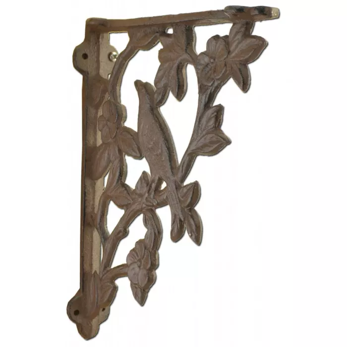 Wall Shelf Bracket - Bird On Branch Pattern - Cast Iron - 7.625" Deep