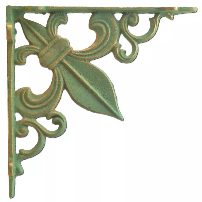 Wall Shelf Bracket Cast Iron Brace - Fleur De Lis - Bronze Patina Green - 7.375"