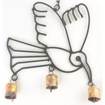 Iron Hummingbird Wind Chime - Black With Copper Colored Bells