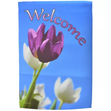 Flag Emotes - Double Sided Garden Flag - Purple & White Tulips Welcome
