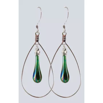 Fenton Art Glass - Hoop Style Teardrop Earrings - Emerald Iridized