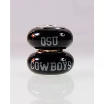 Fenton Black Glass Collegiate Bead - Oklahoma State - Sterling Silver Lined