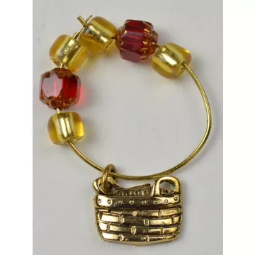 Gold Toned Double Handled Basket Charm With Gold & Red Beads