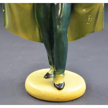 Vintage Hand Painted Chalkware Figurine - Man In Green Suit And Black Bow Tie
