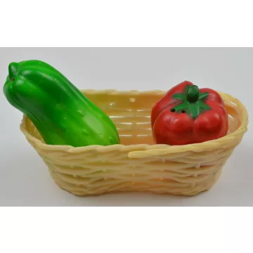 Vintage Red & Green Peppers Plastic Salt & Pepper Shakers With Basket
