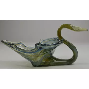Vintage Art Glass Green, Blue & White Swan Shaped Planter