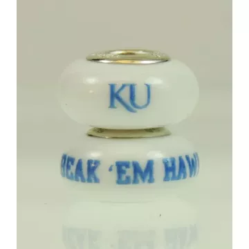 Fenton Milk Glass Collegiate Bead - Kansas Jayhawks - Sterling Silver Lined