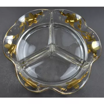 Vintage Three Part Divided Clear Glass Relish Dish - Gold Floral Pattern