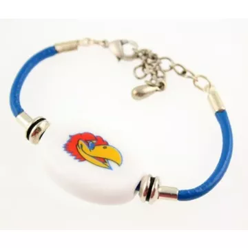 Fenton Collegiate Logo Leather Cord Bracelet- Kansas Jayhawks Milk Glass Bead