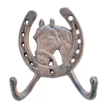 Horse Head Horseshoe Western Double Wall Hook - Rust Brown Cast Iron - 5" Tall