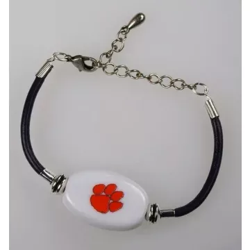Fenton Collegiate Logo Leather Cord Bracelet- Clemson University Milk Glass Bead