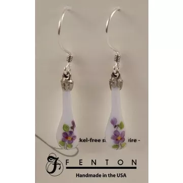Fenton Art Glass - Teardrop Earrings - Violets In The Snow - Handcrafted