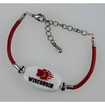 Fenton Collegiate Logo Leather Cord Bracelet- Wisconsin Milk Glass Bead