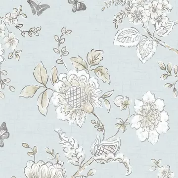 FH37537 Butterfly Toile Wallpaper Blue, Beige, French Light Blue Farmhouse Living Norwall Wallcovering