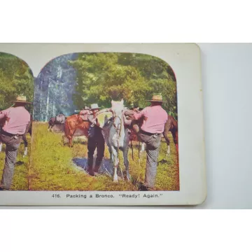 Antique Stereoview - No. 416 - Packing A Bronco. Ready! Again